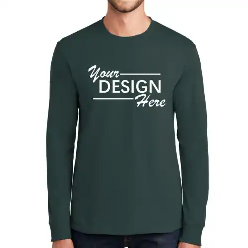 A person wearing a dark green long-sleeve shirt with the words "Your Design Here" in white stylized text across the chest, perfect for custom T-Shirts in Manhattan & Long Island, NY.