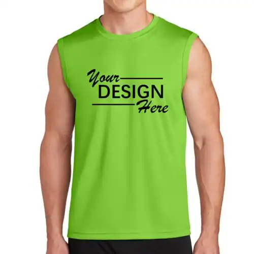 A man wearing a sleeveless bright green shirt with the text "Your Design Here" in black, showcasing custom T-Shirts Manhattan & Long Island style, stands against a plain white background.