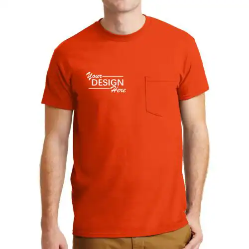 A person wearing an orange custom T-shirt with a chest pocket and "Your DESIGN Here" text on the upper left side. Perfect for NY styles, it's ideal for custom T-Shirts in Manhattan & Long Island. The background is plain white.