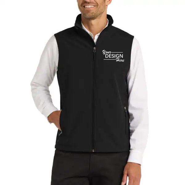 Smiling man wearing a black zip-up vest over a white shirt, with his left hand in his pocket. The vest has "Your Design Here" written on the left chest area.