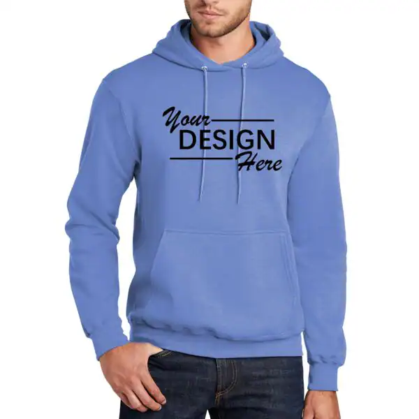 A man wearing a light blue hoodie with the words "Your Design Here" printed in black on the front, standing with one hand in his pocket.
