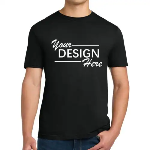 A person wearing a plain black T-shirt with the words "Your DESIGN Here" in white, mixing cursive and bold fonts—a perfect example of NY style custom T-Shirts Manhattan & Long Island fashion lovers will appreciate.