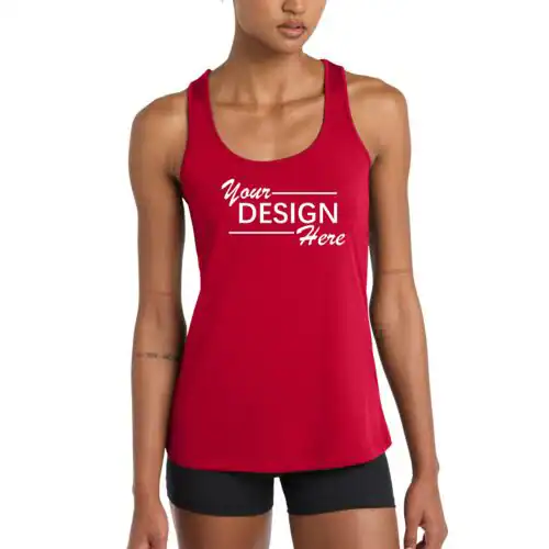 Woman wearing a sleeveless red tank top with "Your Design Here" in white on the front, paired with black shorts. Perfect for showcasing custom T-Shirts in Manhattan & Long Island, NY. The model's face is partially out of frame.
