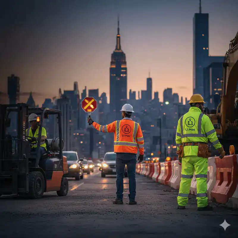 Three construction workers in safety gear direct traffic at dusk on a city street, with orange barricades and vehicles. The skyline, including the Empire State Building, is visible in the background.