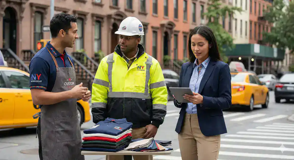 Three people stand on a city sidewalk near a table with custom T-Shirts Manhattan & Long Island. One wears an apron, another a construction uniform and hard hat, and the third, business attire using a tablet—classic NY yellow taxis in the background.