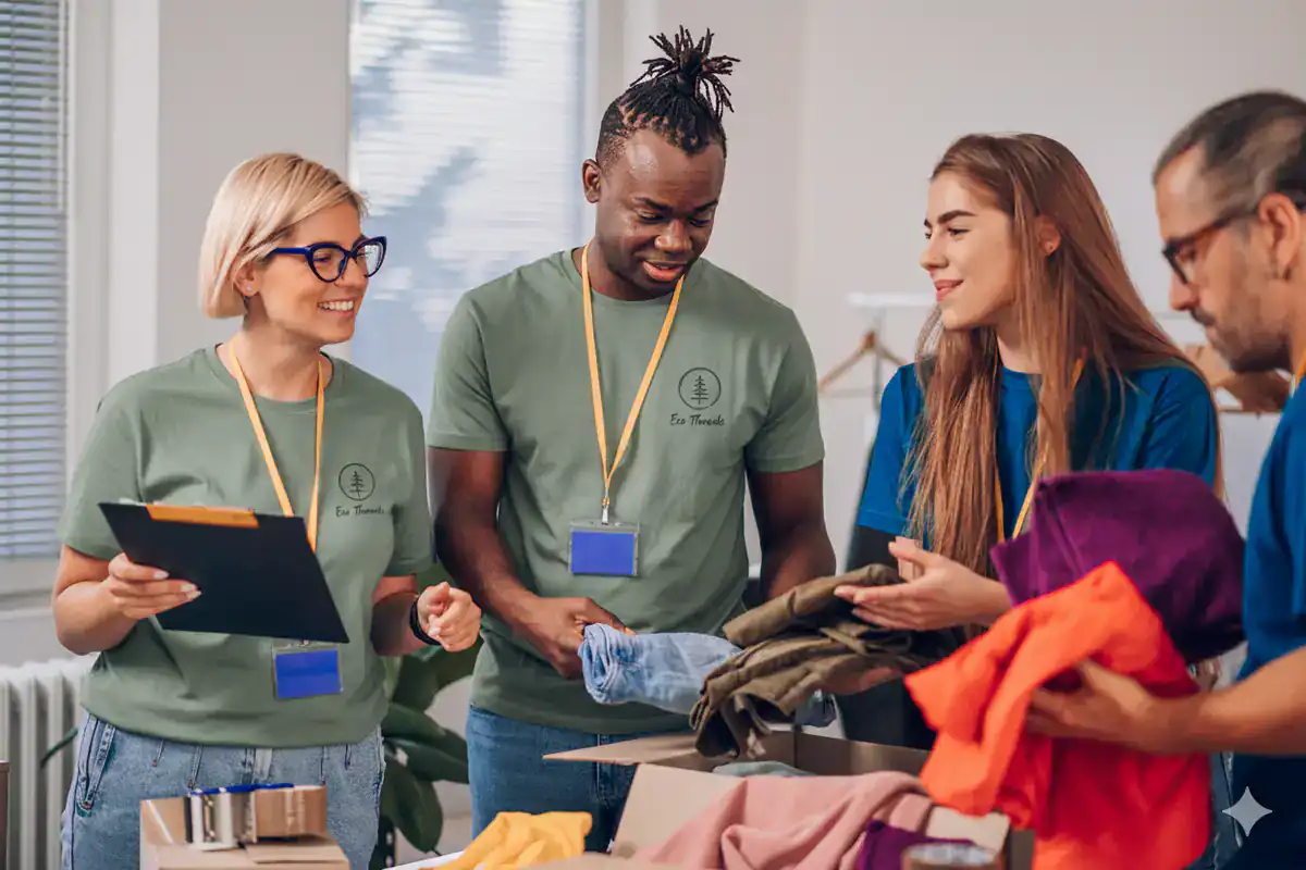 Four people sort clothes in a donation center. Two of them wear matching custom T-Shirts from Manhattan & Long Island, NY, and name tags. One holds a clipboard, and they all smile and chat while organizing clothing items together.