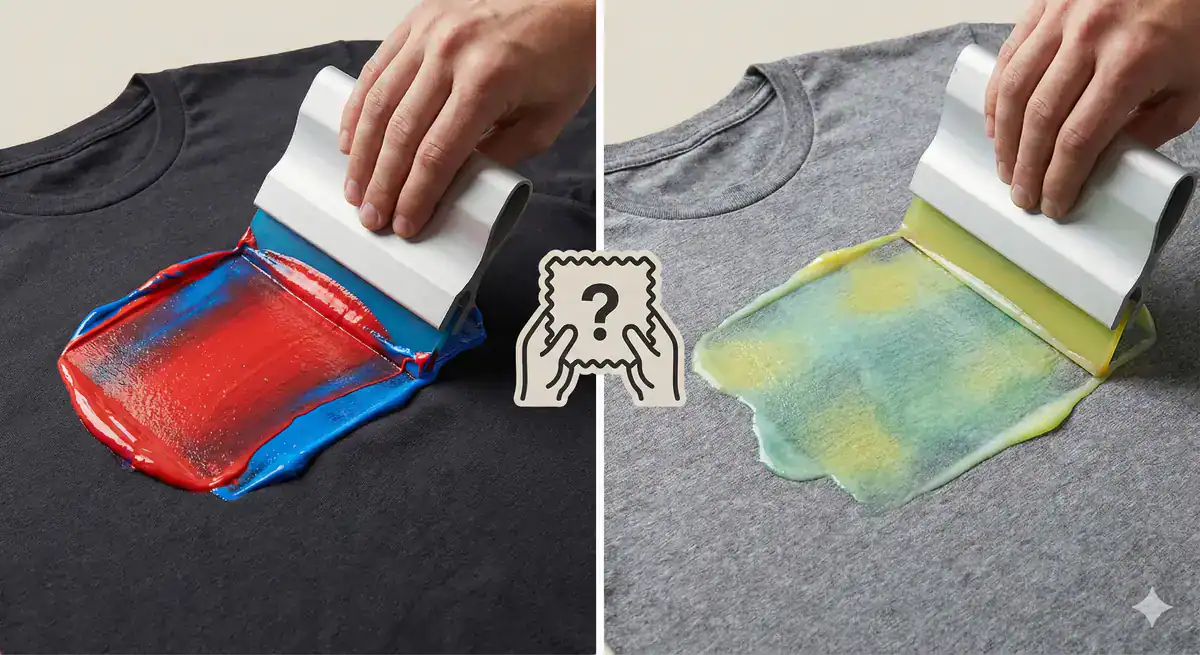 Split image showing a hand applying bright red and blue ink on a black T-shirt (left) and faded yellow and green ink on a gray T-shirt (right), with a comparison icon in the center.