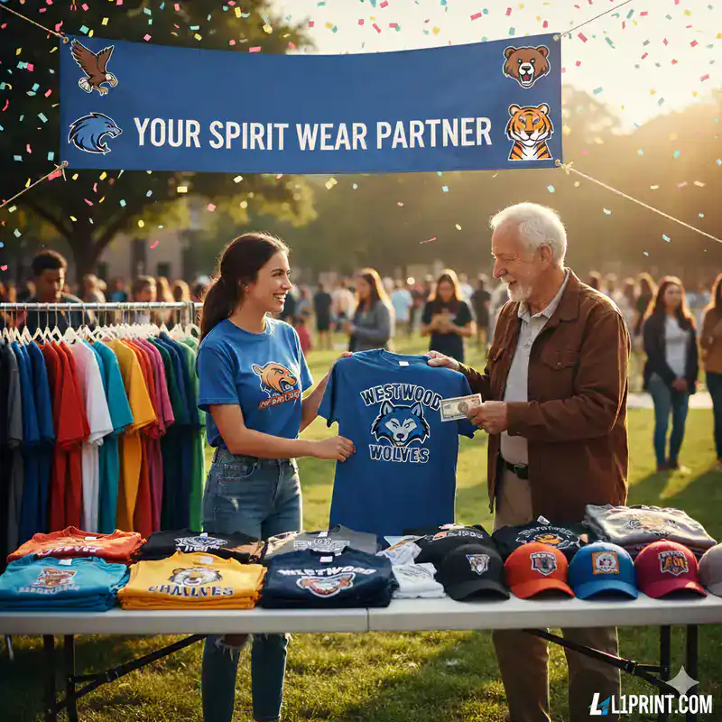 A young woman and an older man smile at a spirit wear booth outdoors, holding a “Westwood Wolves” shirt. T-shirts and hats with school mascots are displayed, with a banner reading “Your Spirit Wear Partner” above them.