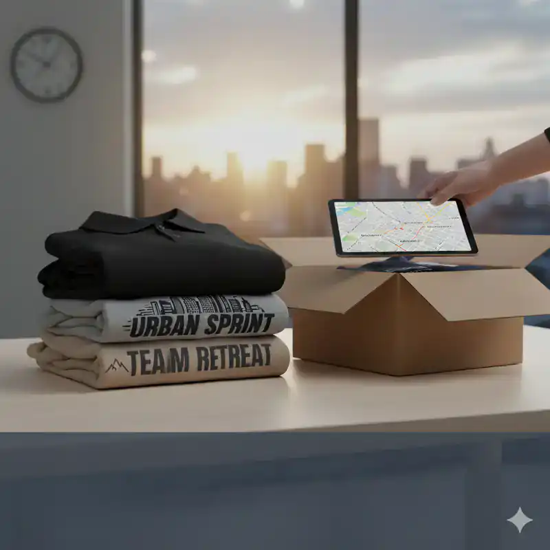 A hand holds a tablet displaying a map over an open cardboard box. Next to the box is a stack of folded shirts with "URBAN SPRINT" and "TEAM RETREAT" printed on them. A city skyline is visible through the window.