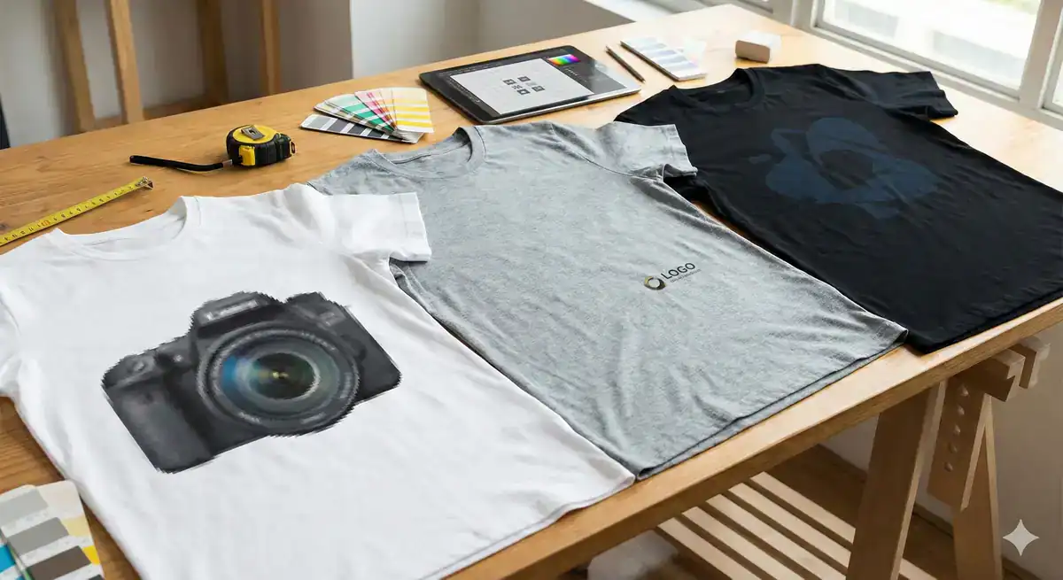 Three t-shirts are laid out on a wooden desk: a white shirt with a camera graphic, a gray shirt with a small logo, and a black shirt with a faint abstract design. Design tools and color swatches are on the desk.