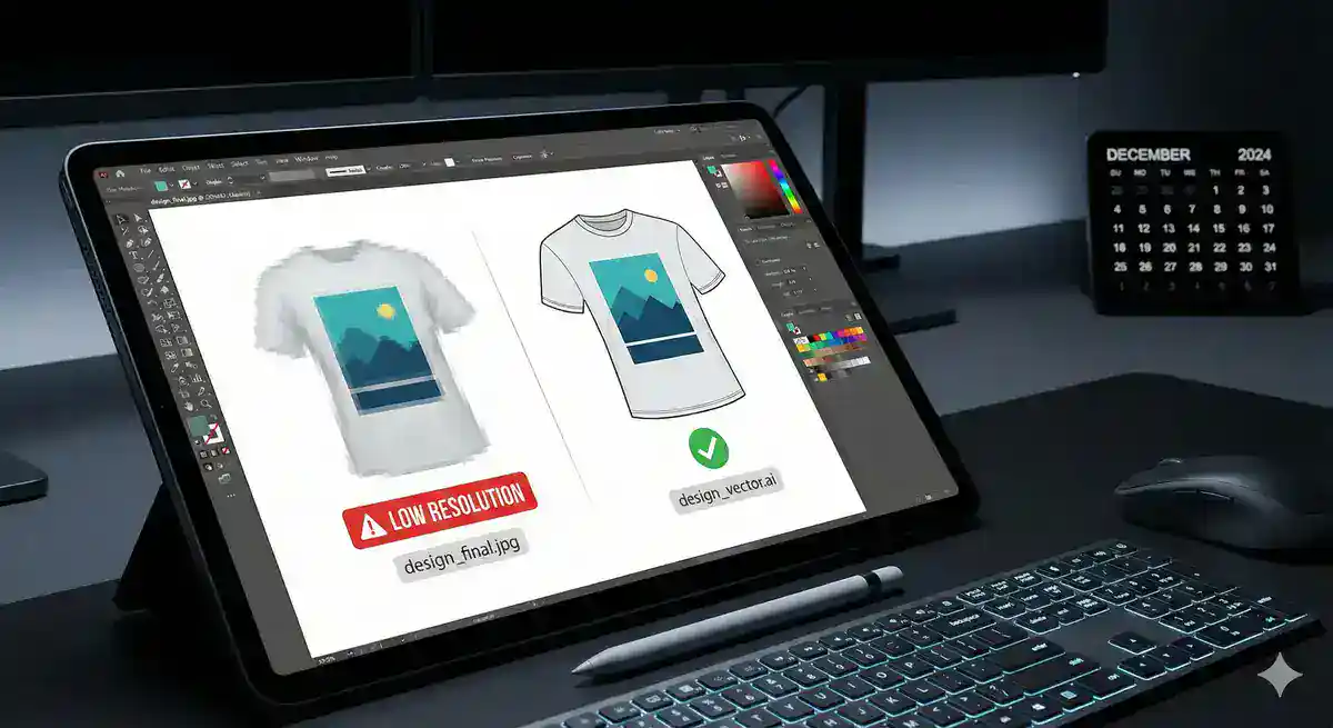 A digital tablet on a desk displays a graphic design program comparing a low-resolution JPEG t-shirt print with a high-quality vector version for custom T-Shirts Manhattan & Long Island. A calendar on the desk shows December 2024 in NY.