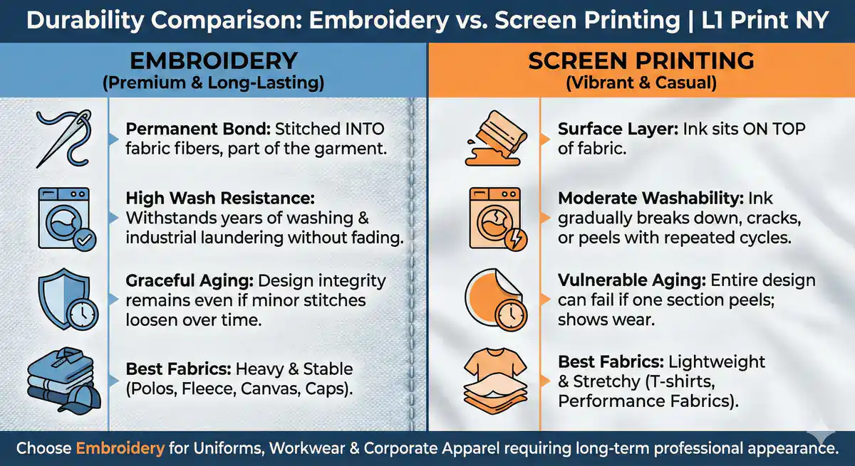 A comparison chart of embroidery and screen printing durability for NY custom T-Shirts Manhattan & Long Island, highlighting embroidery as premium and long-lasting with high wash resistance, while screen printing is vibrant but may crack or fade; fabric tips included.