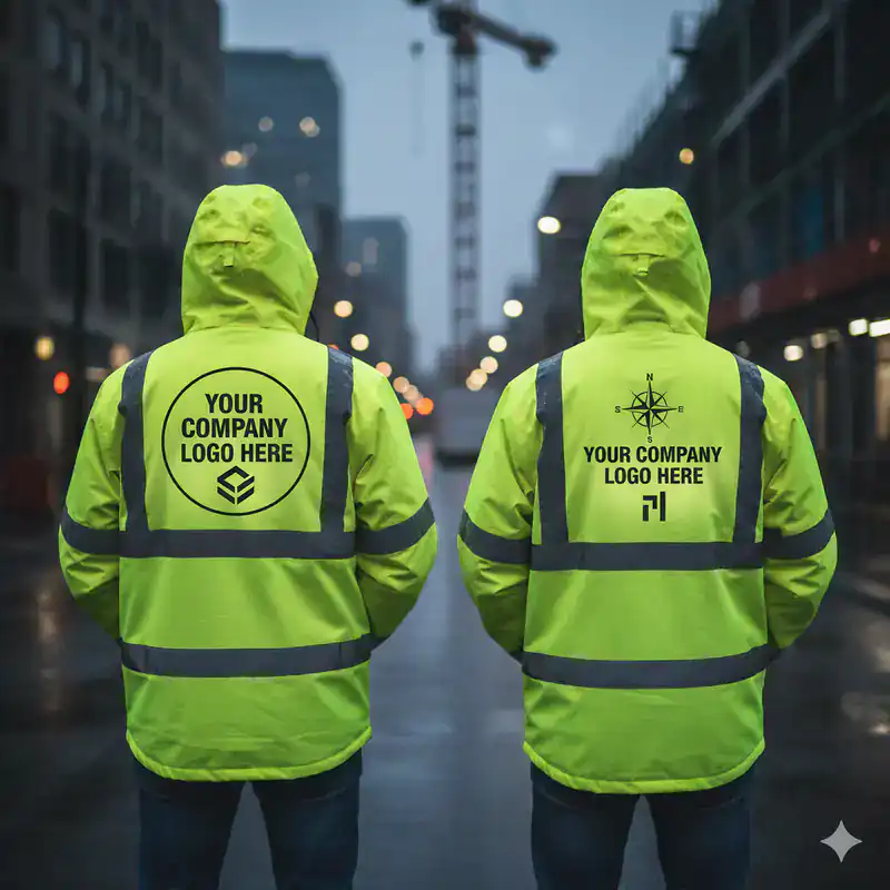 Two people wearing bright yellow high-visibility jackets with hoods stand on a wet city street. Custom logos are displayed on the backs of their jackets, with blurred buildings and a crane in the background.